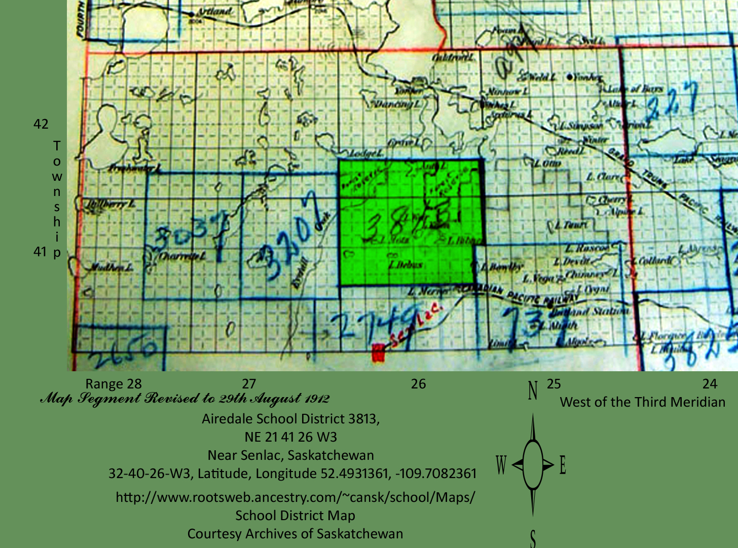 Airedale School District 3813 Map, North East Quarter of section 21 Township 41 Range 26 West of the Third Meridian Near Senlac, Saskatchewan, 30 40 26 W3,  52.4931361, -109.7082361 ,  Eva Neiley, Eva (Neiley) Cooper,  CA, Canada, Sk, Saskatchewan,n